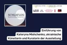 Plakat für eine Ausstellung mit dem Titel "SCHLAFLOS: Ukrainische Kriegsillustrationen". Einführung von Kateryna Mishchenko, ukrainische Künstlerin und Kuratorin der Ausstellung