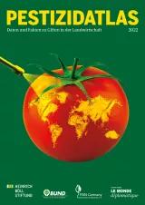 Pestizidatlas Coverbild. Eine rote Tomate, welche die Form der Erde hat und mit Pestiziden besprüht wird.