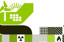 Stilisierte Darstellung der Energiewende: Ein grüner Arm mit Symbolen für Windkraft, Solarenergie und Sonnenaufgang schiebt fossile und atomare Energiesymbole wie das Atomzeichen, eine Gasflamme und das Euro-Symbol zur Seite. Die grünen und schwarzen Farbflächen sowie Muster stehen für den Übergang von konventionellen zu erneuerbaren Energiequellen.