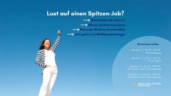 Eine Frau vor blauem Himmel, die ihren Arm stolz nach oben streckt. Der Text informiert über die Veranstaltung "Lust auf einen Spitzen-Job?