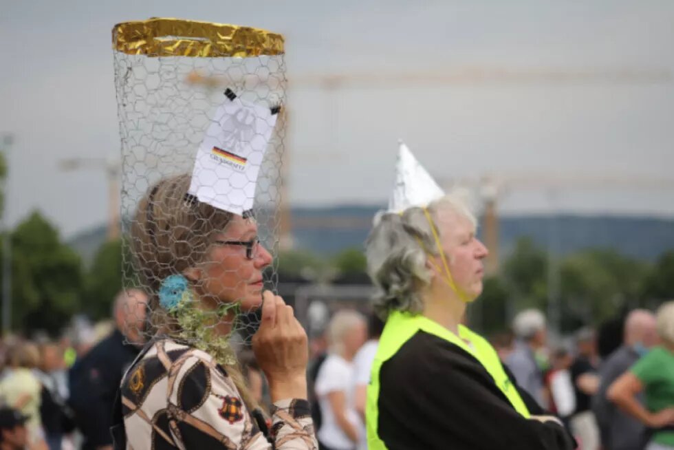 Participants take part in a demonstration against Coronavirus restrictions in Stuttgart, Germany on May 9, 2020. Similar protests and actions are being held worldwide with people asking for freedom of movement and religious ceremonies